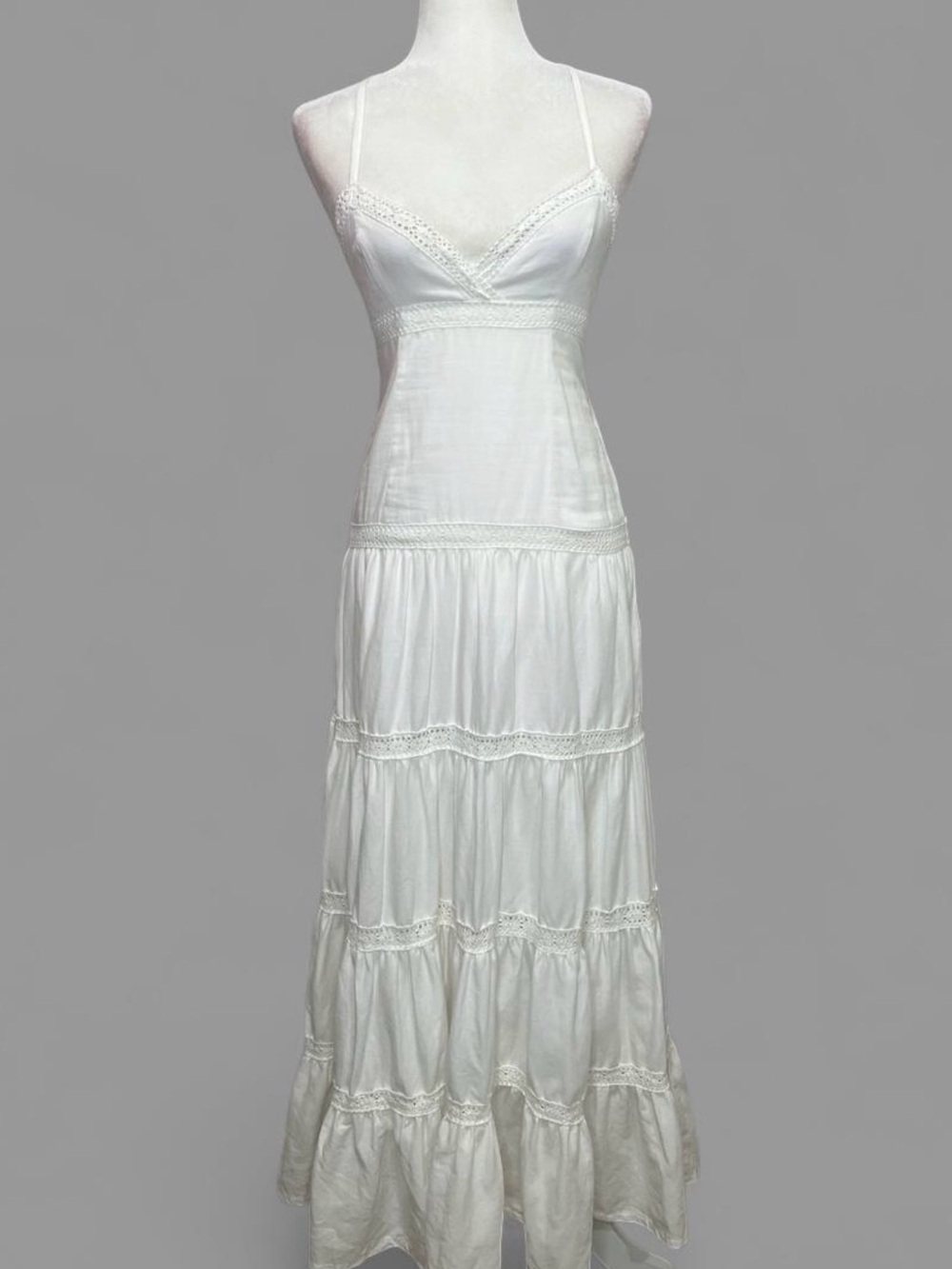 Blanco Made In Spain White Tiered Maxi Slip Dress with Lace Trim